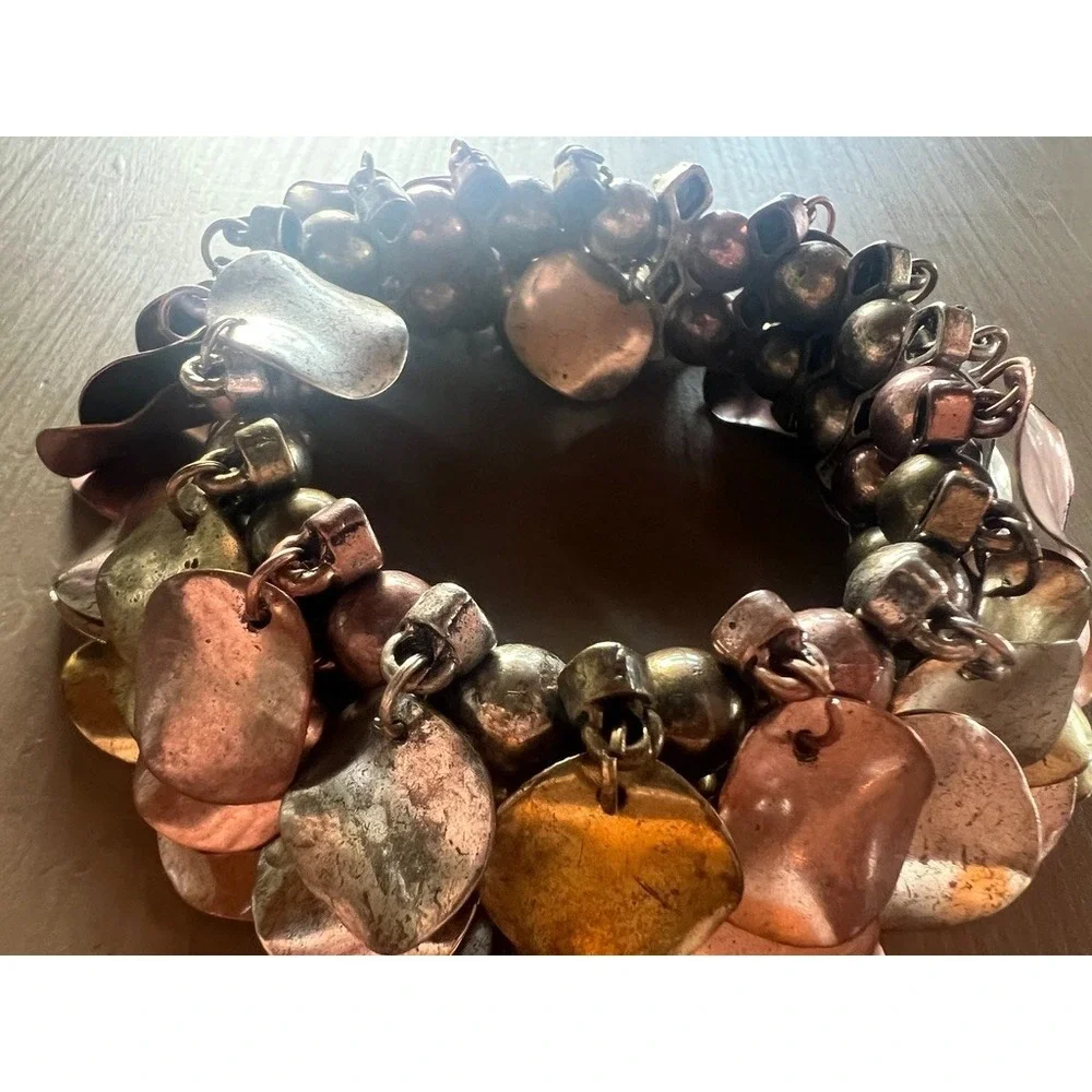 Mixed Metal Artisan Bracelet Copper Brass Silver Chunky Statement‎ Boho Organic